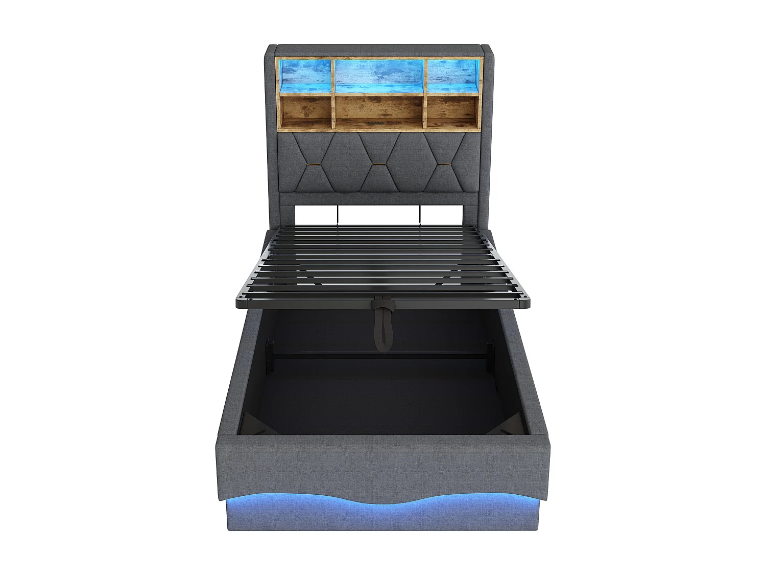 Letto contenitore 90x200 cm, lino grigio, letto per bambini con luci a LED e porta USB, testiera contenitore - senza materasso