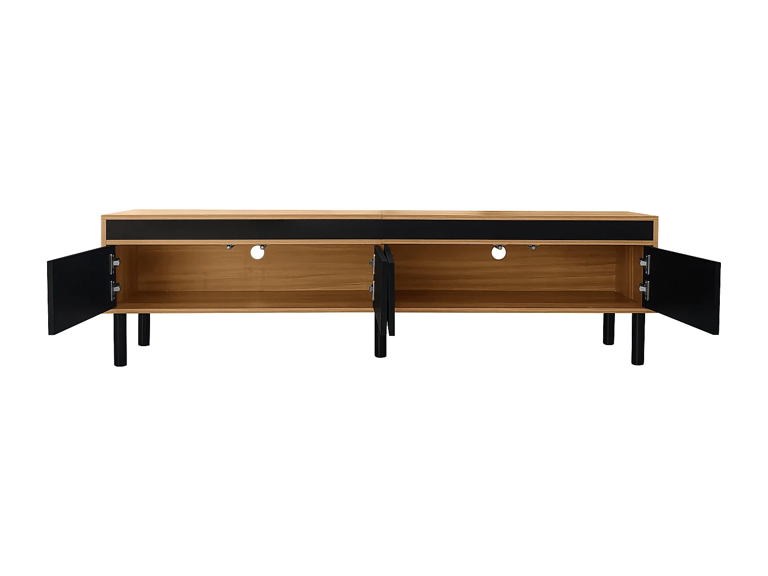 Meuble TV 170 cm avec 4 portes rayées noires et pieds en bois, plateau couleur bois - pour salon et bureau