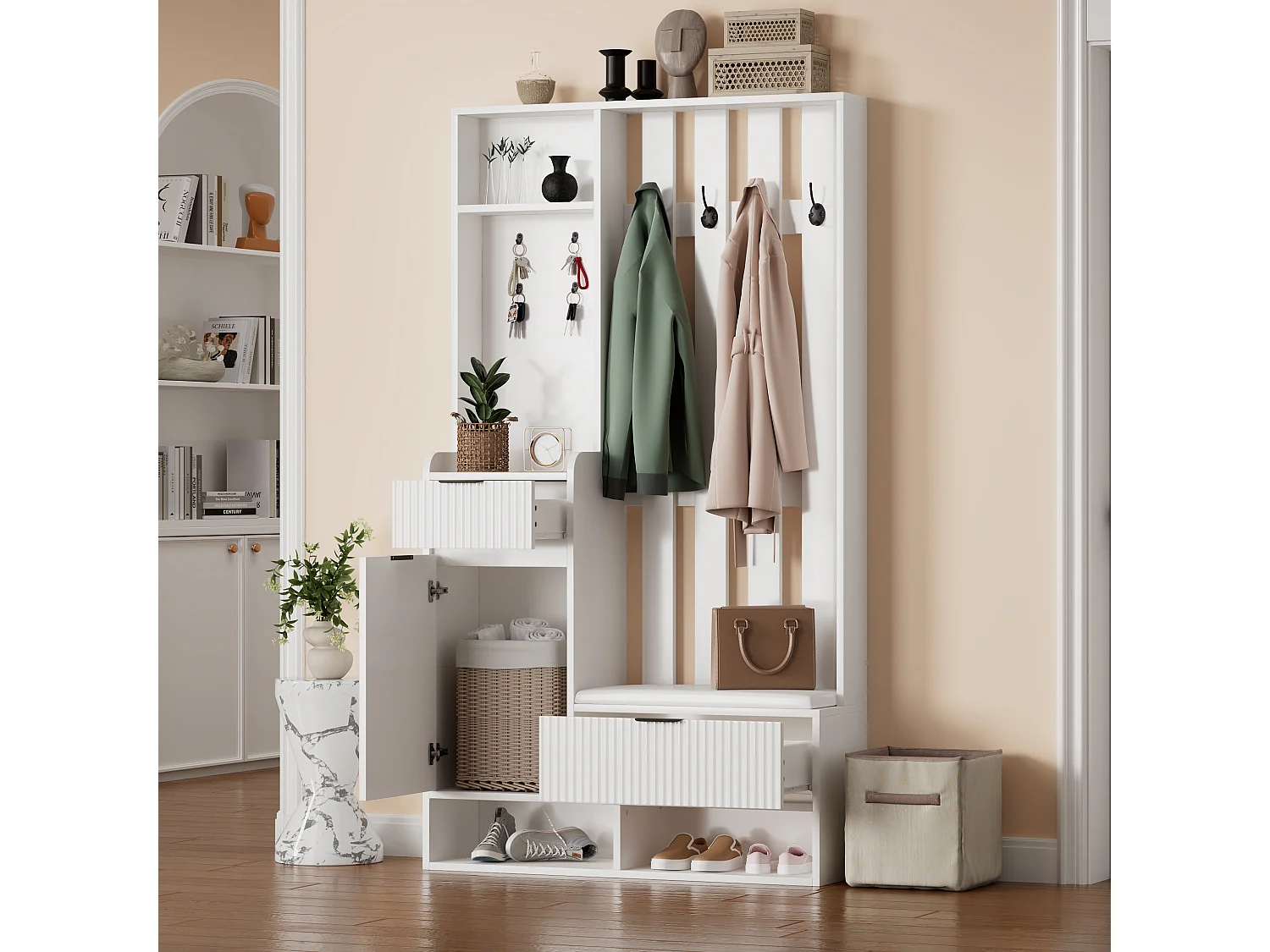 Porte-manteau blanc avec banc à chaussures, 8 crochets et tiroirs – pour entrée et salon