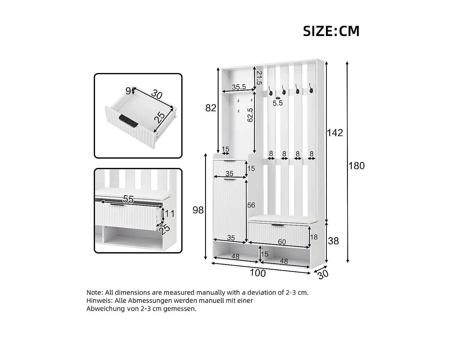 Porte-manteau blanc avec banc à chaussures, 8 crochets et tiroirs – pour entrée et salon