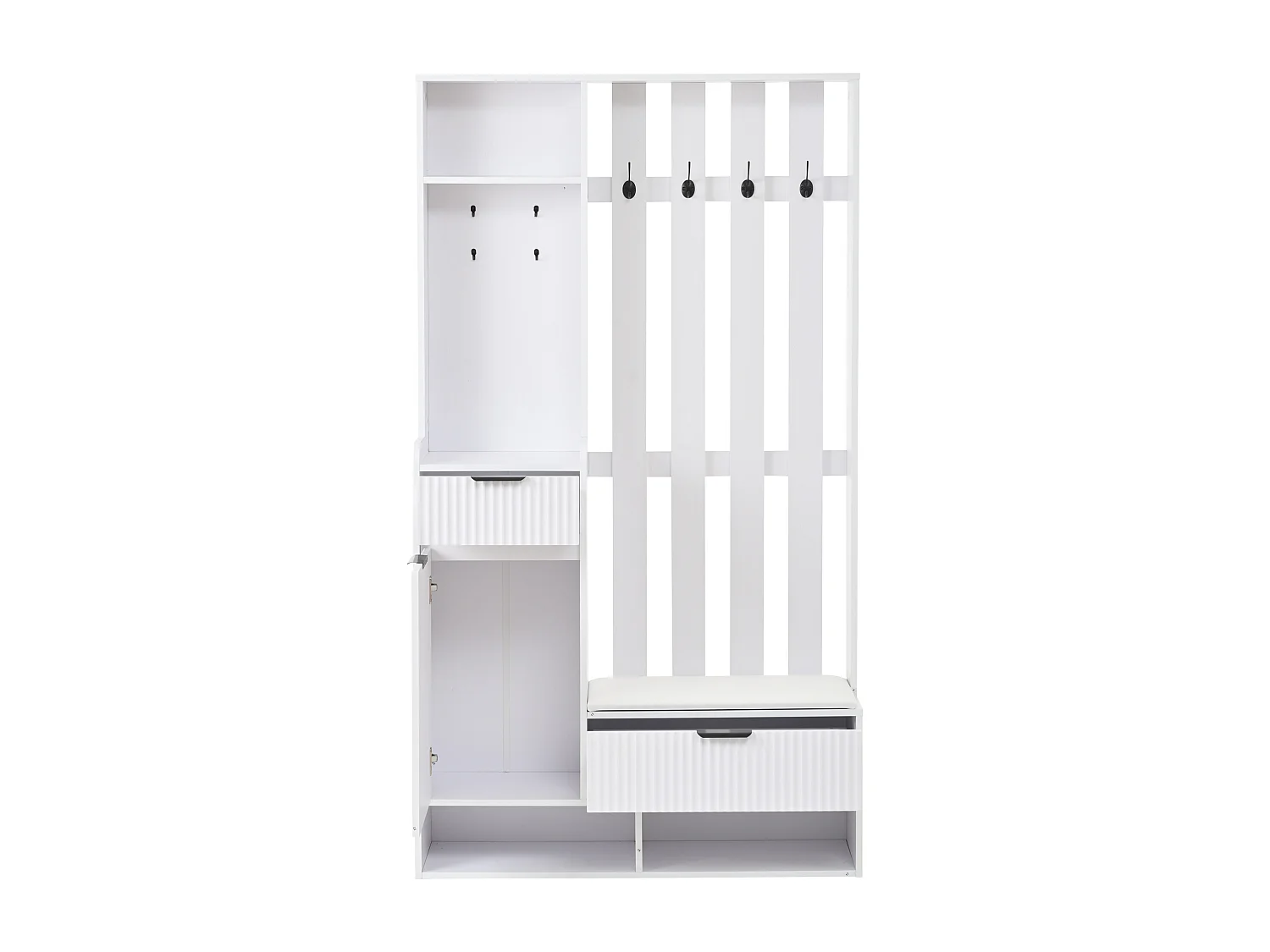 Porte-manteau blanc avec banc à chaussures, 8 crochets et tiroirs – pour entrée et salon