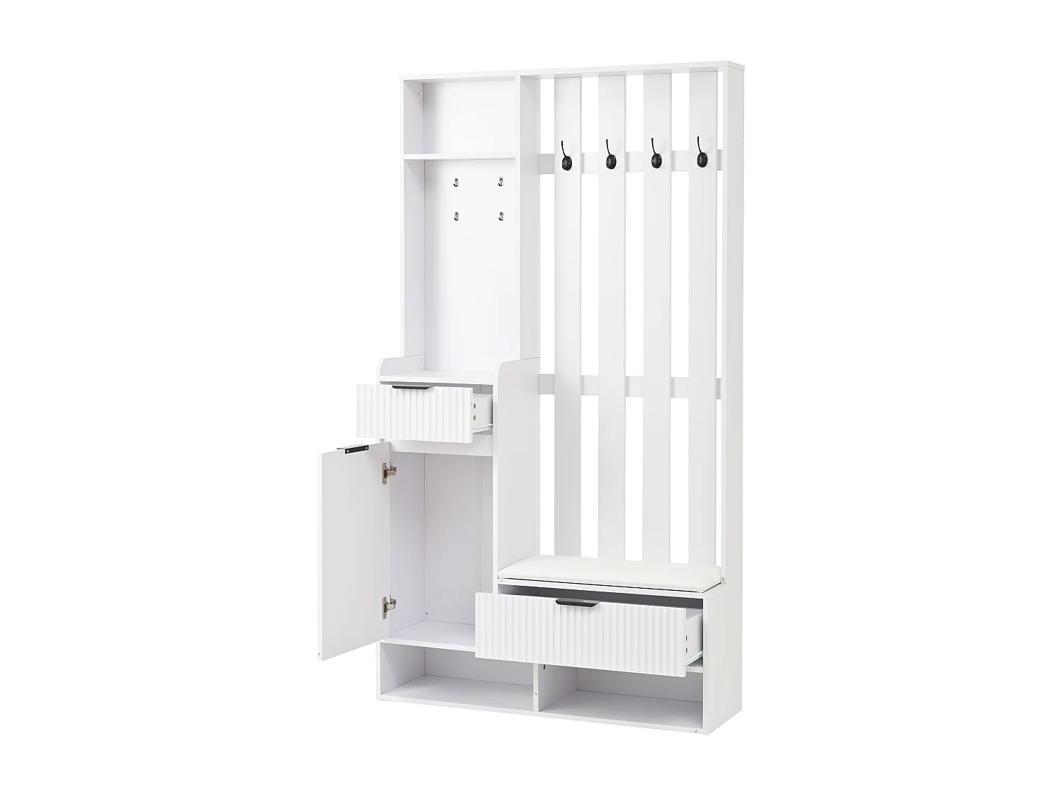 Porte-manteau blanc avec banc à chaussures, 8 crochets et tiroirs – pour entrée et salon