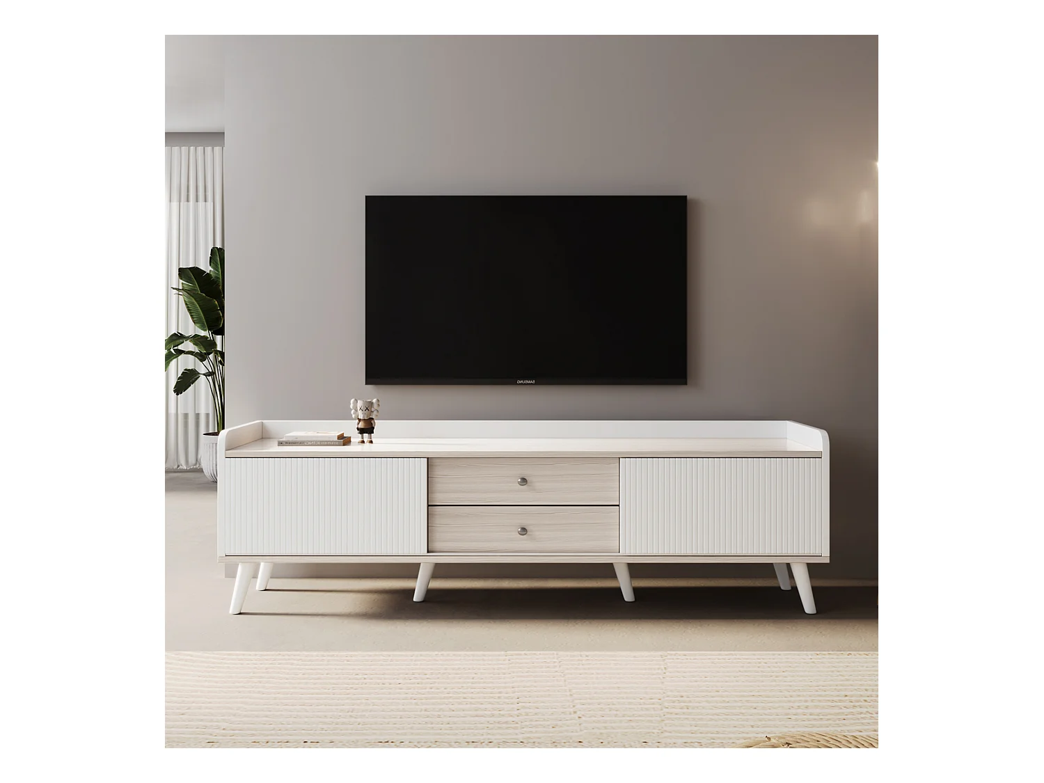 Meuble TV blanc et bois, 2 tiroirs et 2 portes, pieds bois - pour salon et bureau