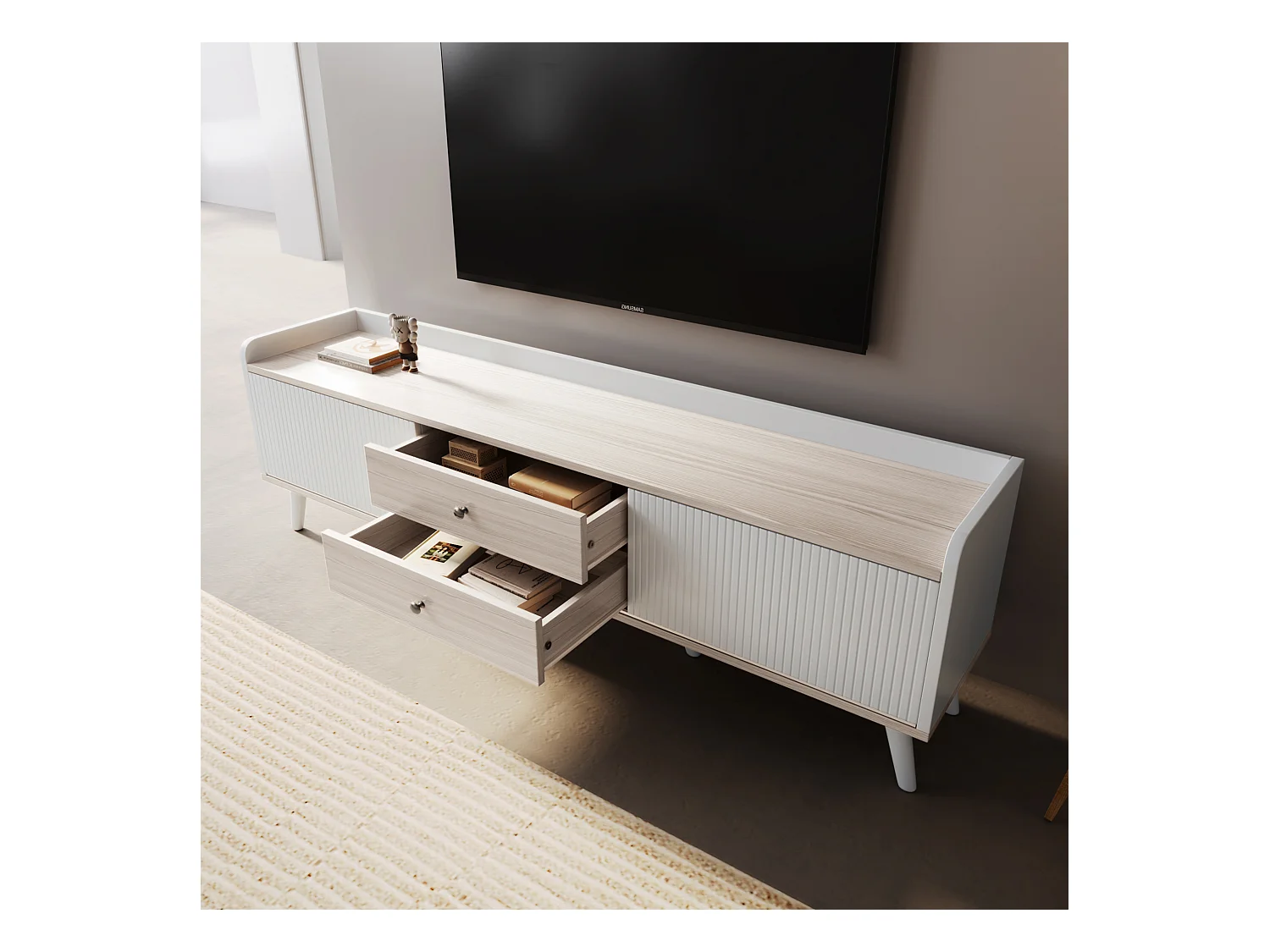 Meuble TV blanc et bois, 2 tiroirs et 2 portes, pieds bois - pour salon et bureau