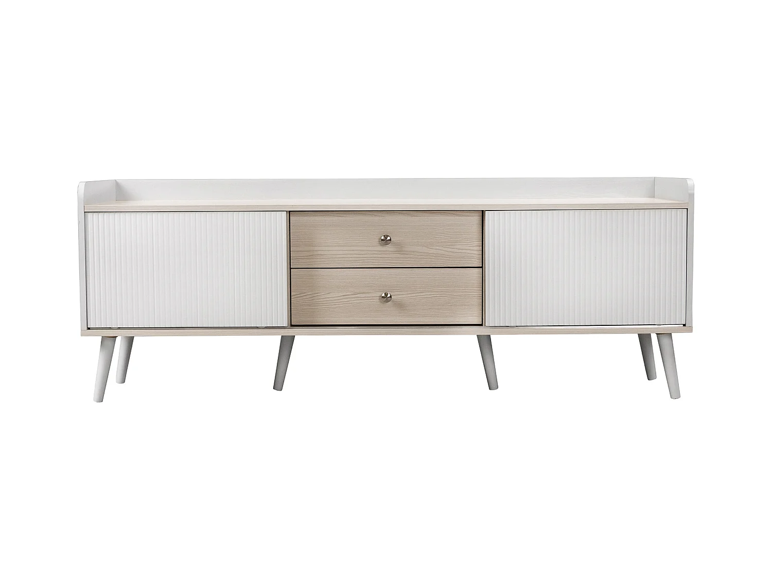 Meuble TV blanc et bois, 2 tiroirs et 2 portes, pieds bois - pour salon et bureau