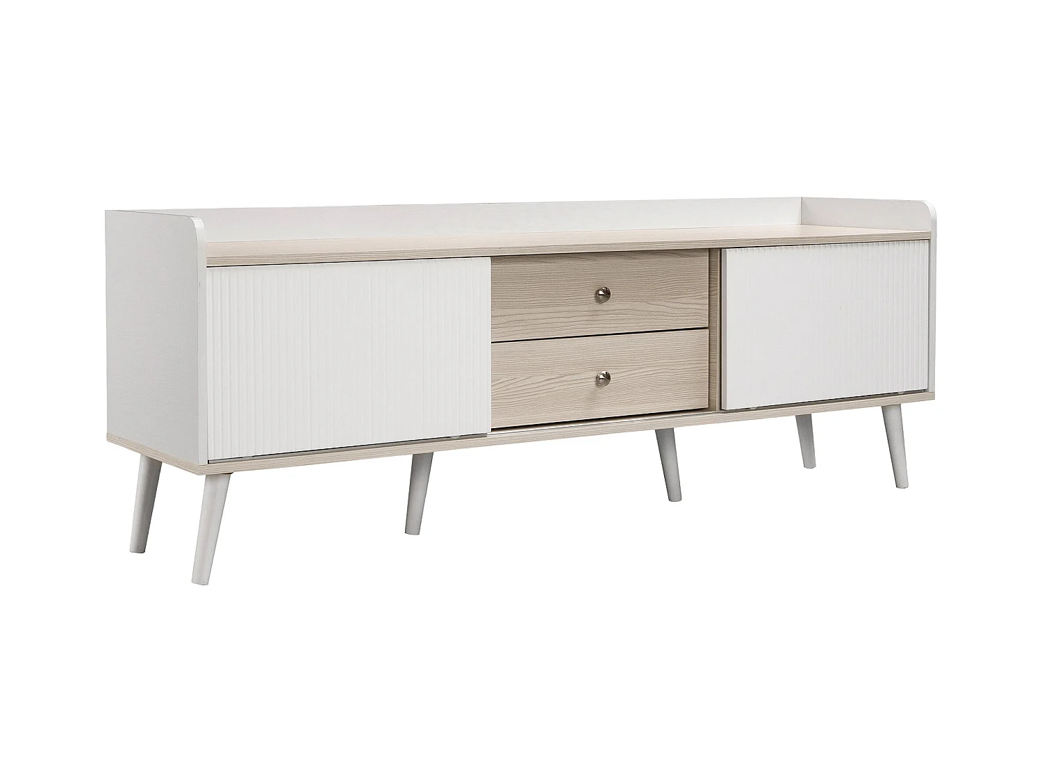 Meuble TV blanc et bois, 2 tiroirs et 2 portes, pieds bois - pour salon et bureau