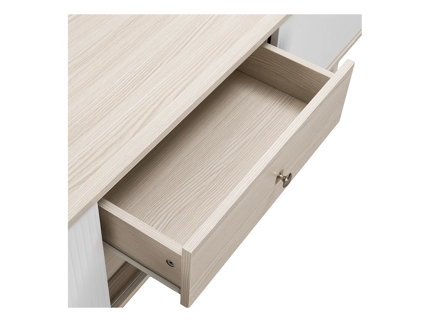 Meuble TV blanc et bois, 2 tiroirs et 2 portes, pieds bois - pour salon et bureau