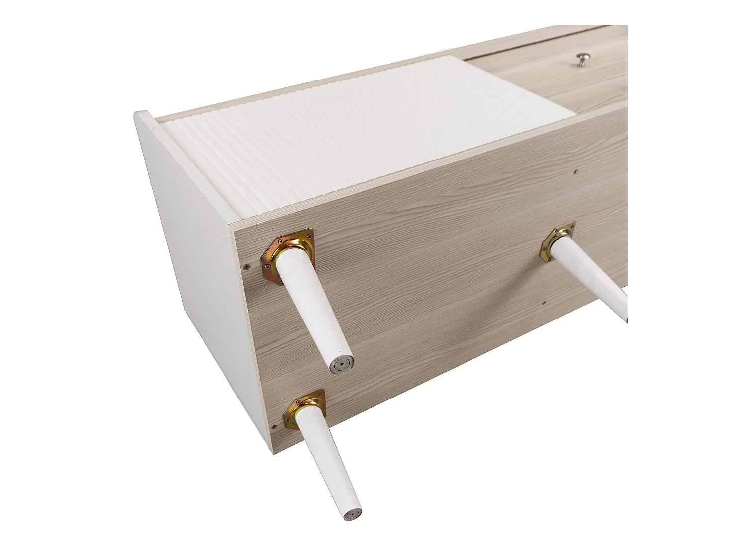 Meuble TV blanc et bois, 2 tiroirs et 2 portes, pieds bois - pour salon et bureau