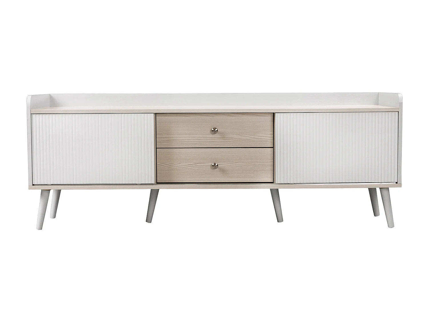 Meuble TV blanc et bois, 2 tiroirs et 2 portes, pieds bois - pour salon et bureau