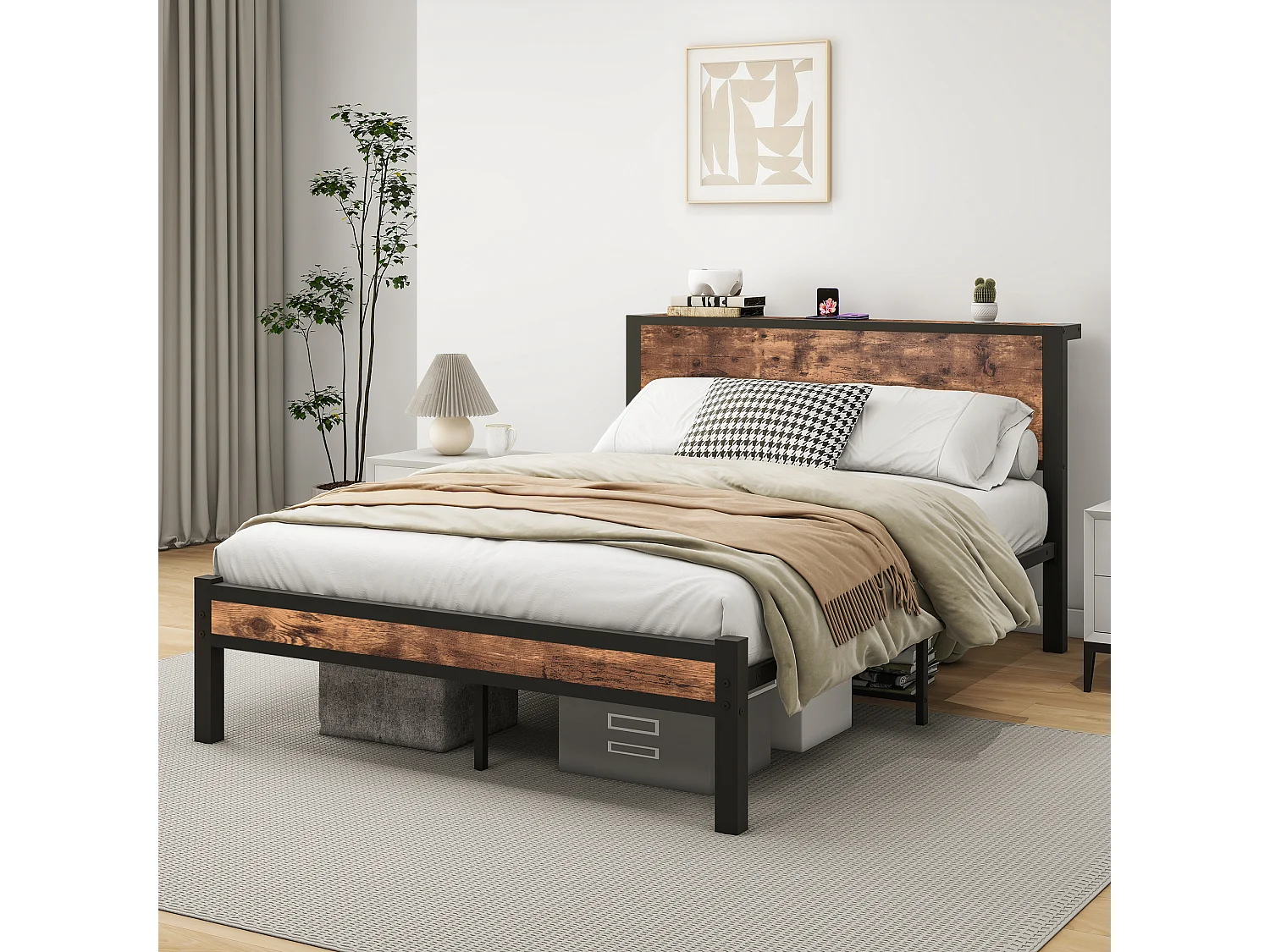 Lit adulte 140x200 cm, marron, lit double avec sommier à lattes métalliques - sans matelas