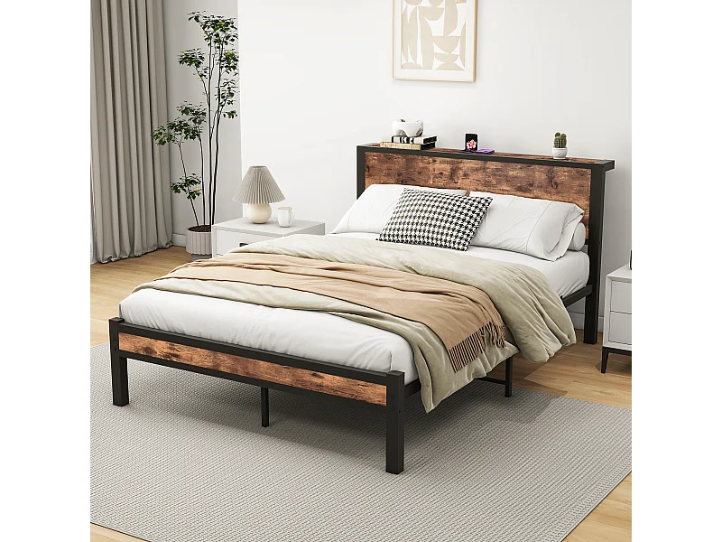 Letto per adulti 140x200 cm, marrone, letto matrimoniale con rete a doghe in metallo - materasso non incluso