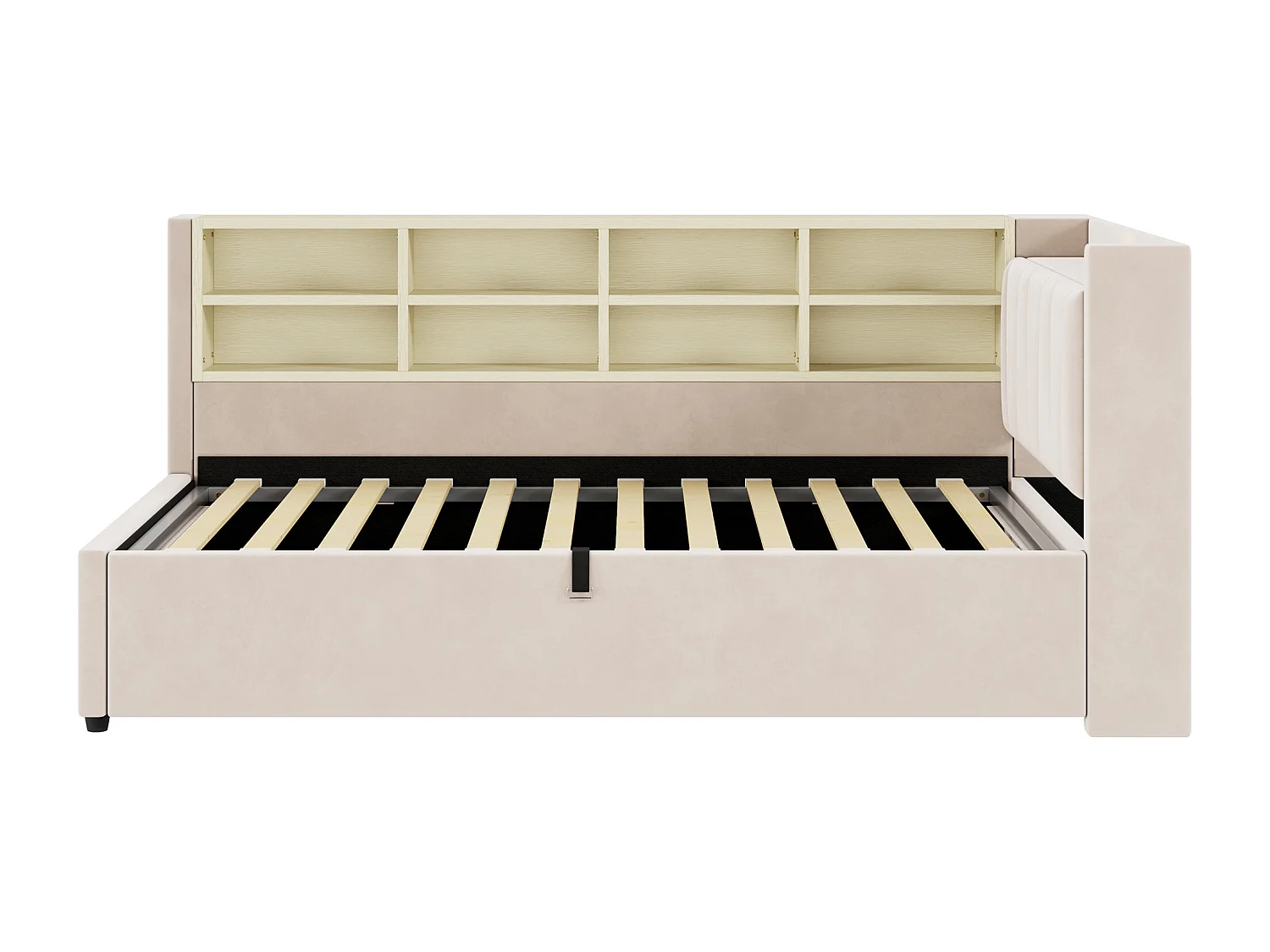 Lit banquette 90x200 cm, velours beige, lit coffre avec LED et USB, étagère de rangement - sans matelas