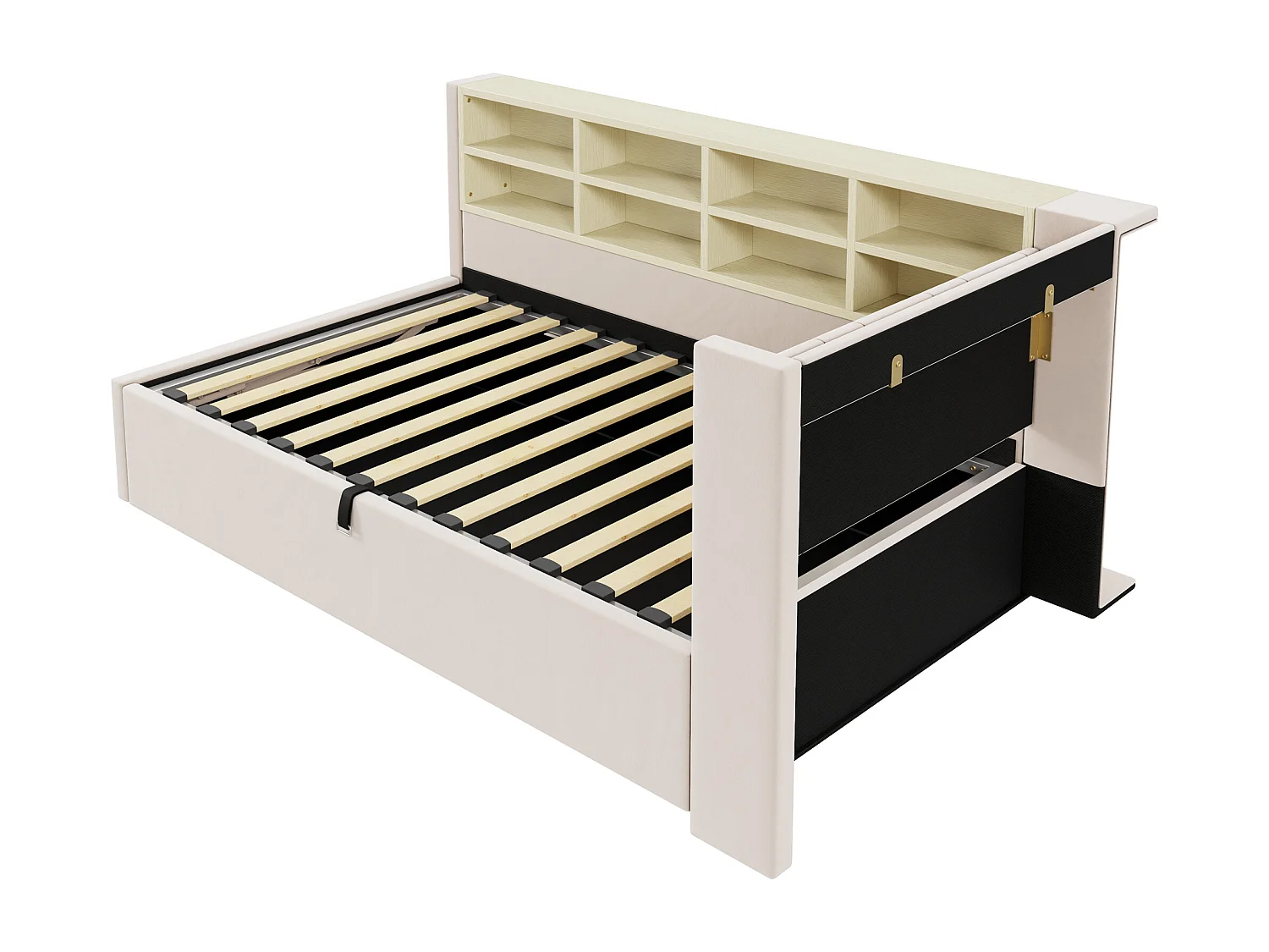 Lit banquette 90x200 cm, velours beige, lit coffre avec LED et USB, étagère de rangement - sans matelas