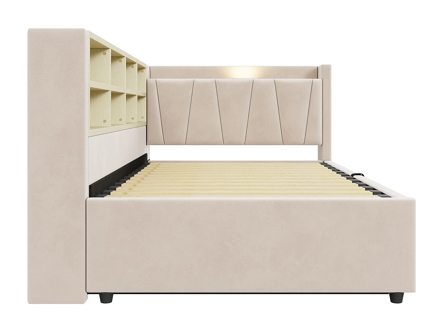 Lit banquette 90x200 cm, velours beige, lit coffre avec LED et USB, étagère de rangement - sans matelas