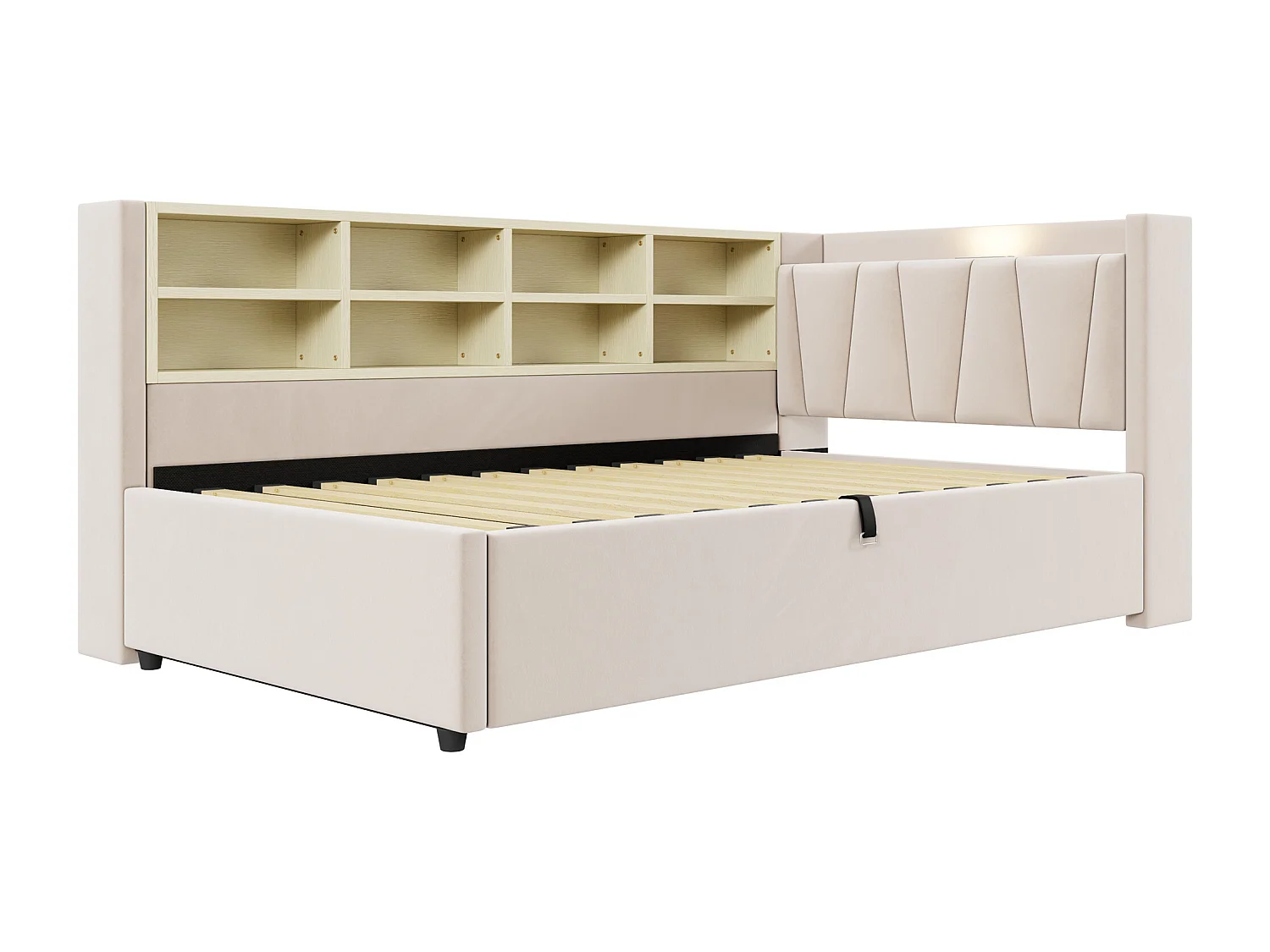 Lit banquette 90x200 cm, velours beige, lit coffre avec LED et USB, étagère de rangement - sans matelas