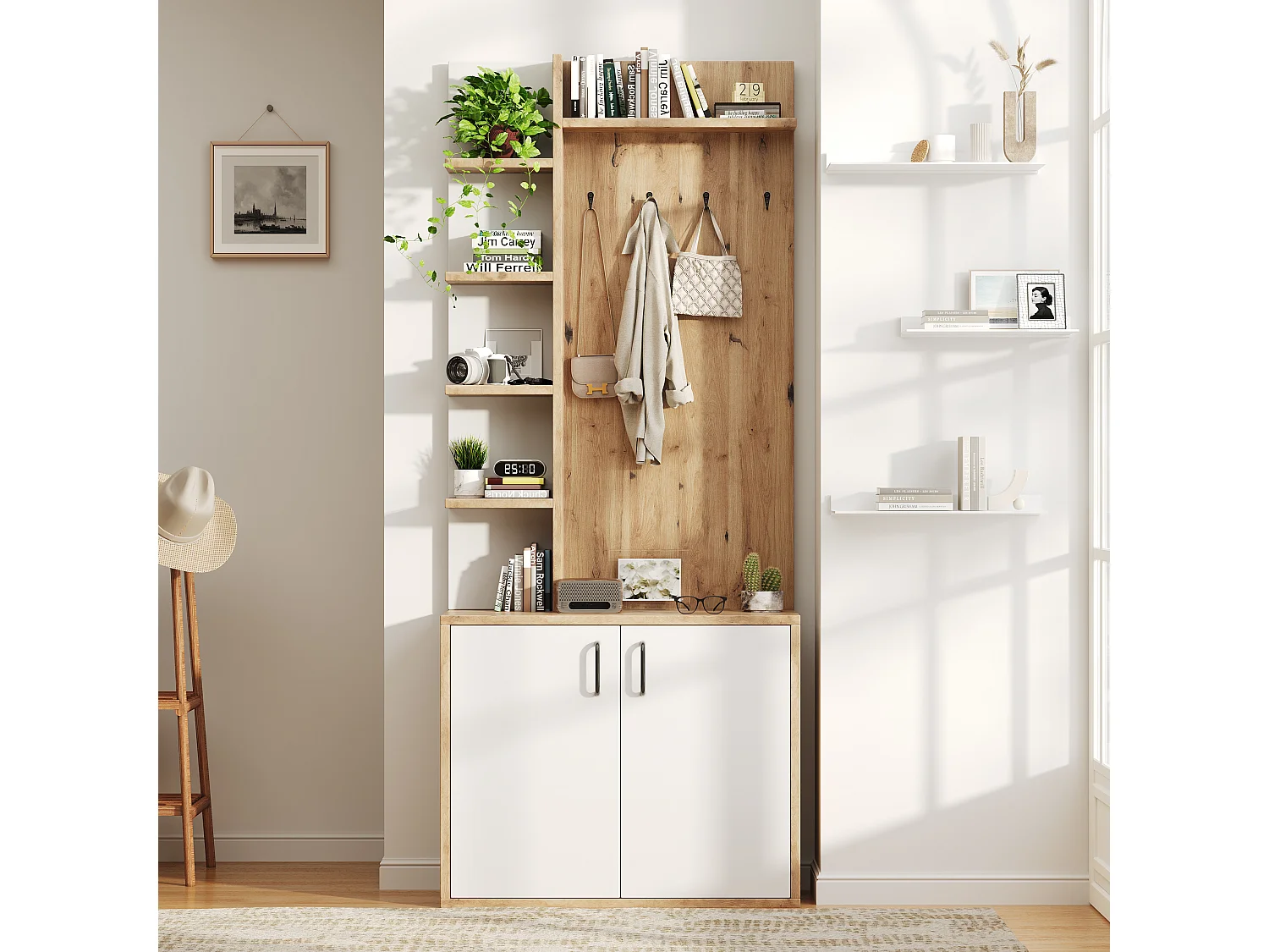 Porte-manteau blanc et naturel avec patères et étagères de rangement, 2 portes – pour entrées et couloirs