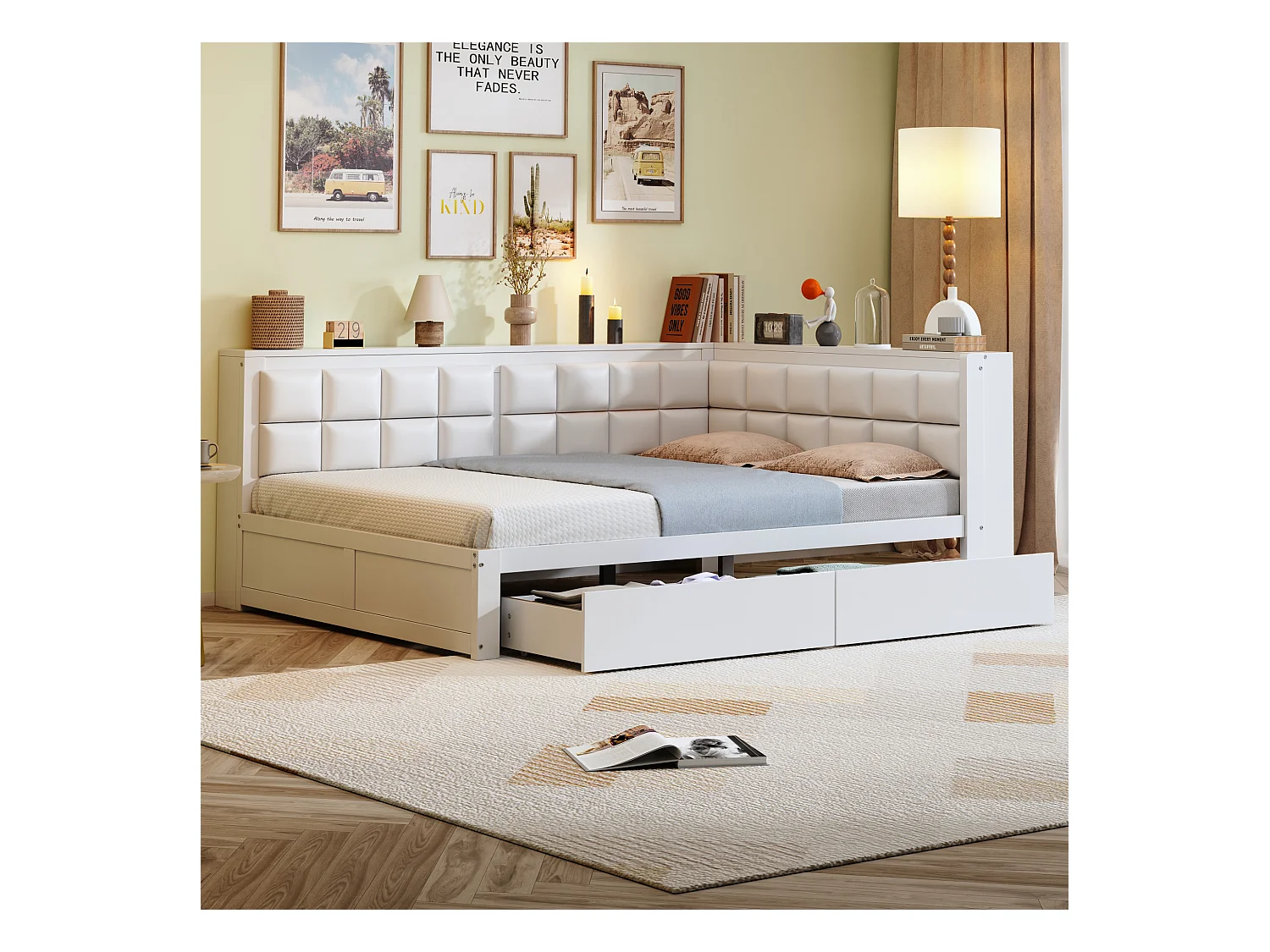 Lit banquette 140x200 cm avec 2 tiroirs de rangement et sommier à lattes, blanc - sans matelas