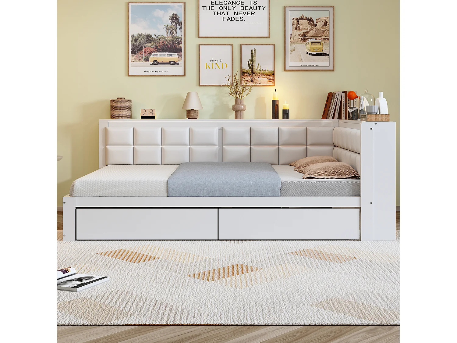 Lit banquette 140x200 cm avec 2 tiroirs de rangement et sommier à lattes, blanc - sans matelas