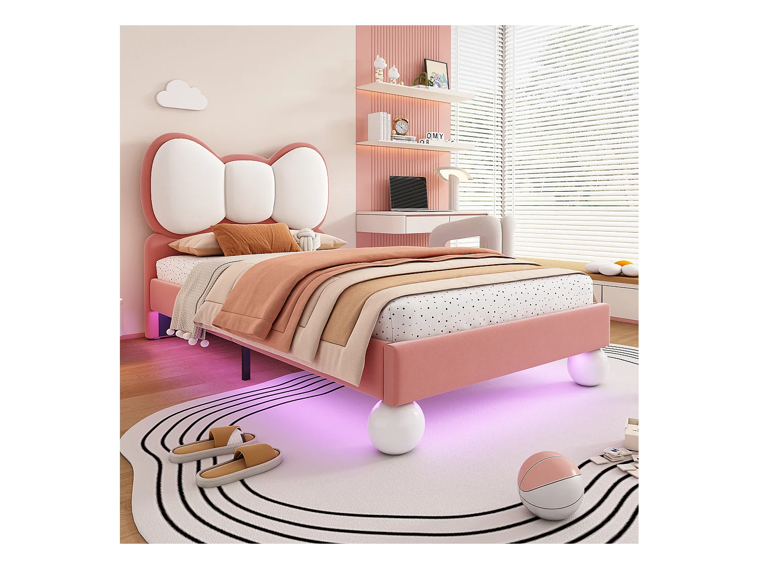 Lit enfant 90x200 cm, velours rose, lit simple avec tête de lit capitonnée et lumière LED - sans matelas