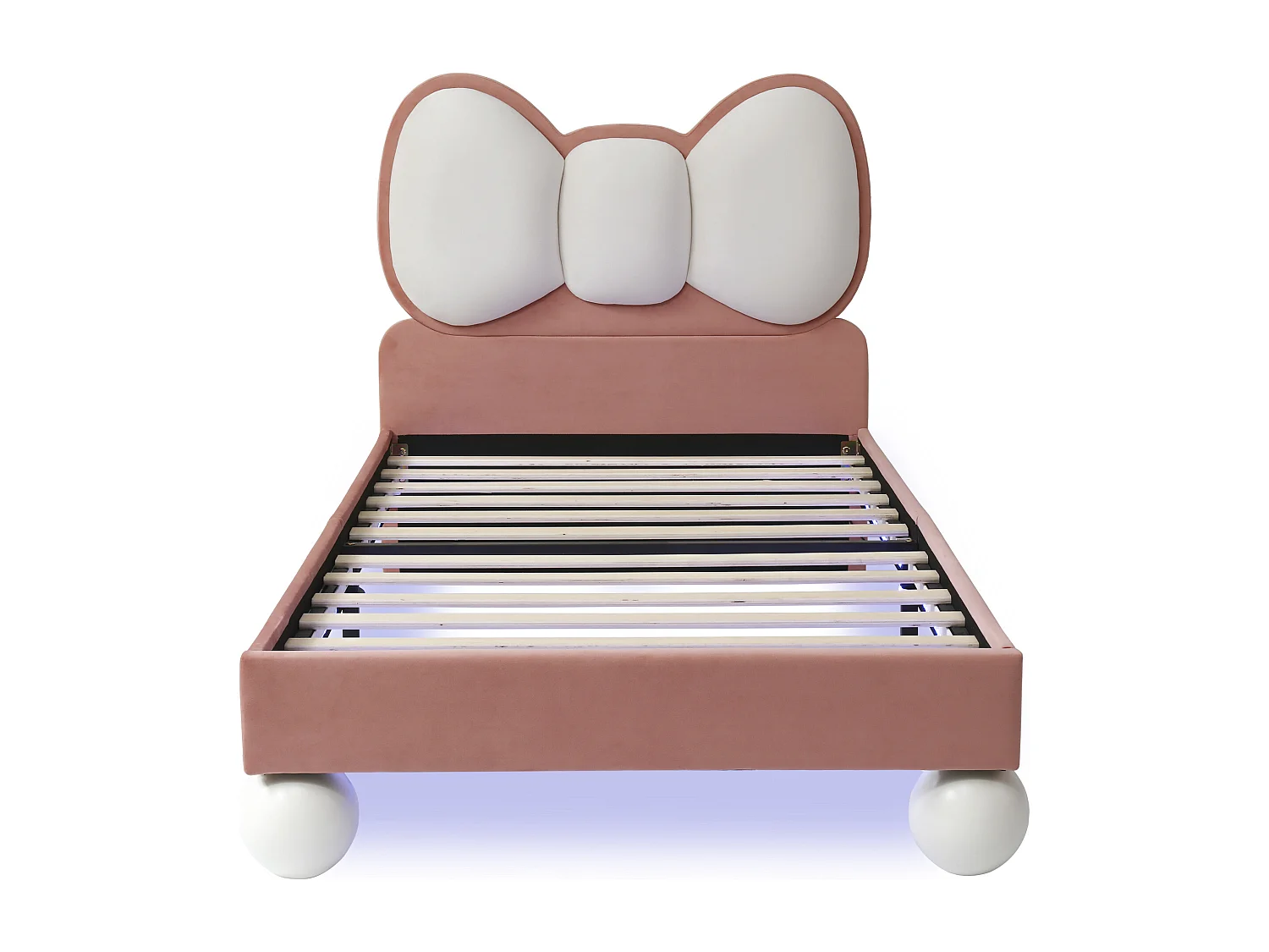 Lit enfant 90x200 cm, velours rose, lit simple avec tête de lit capitonnée et lumière LED - sans matelas