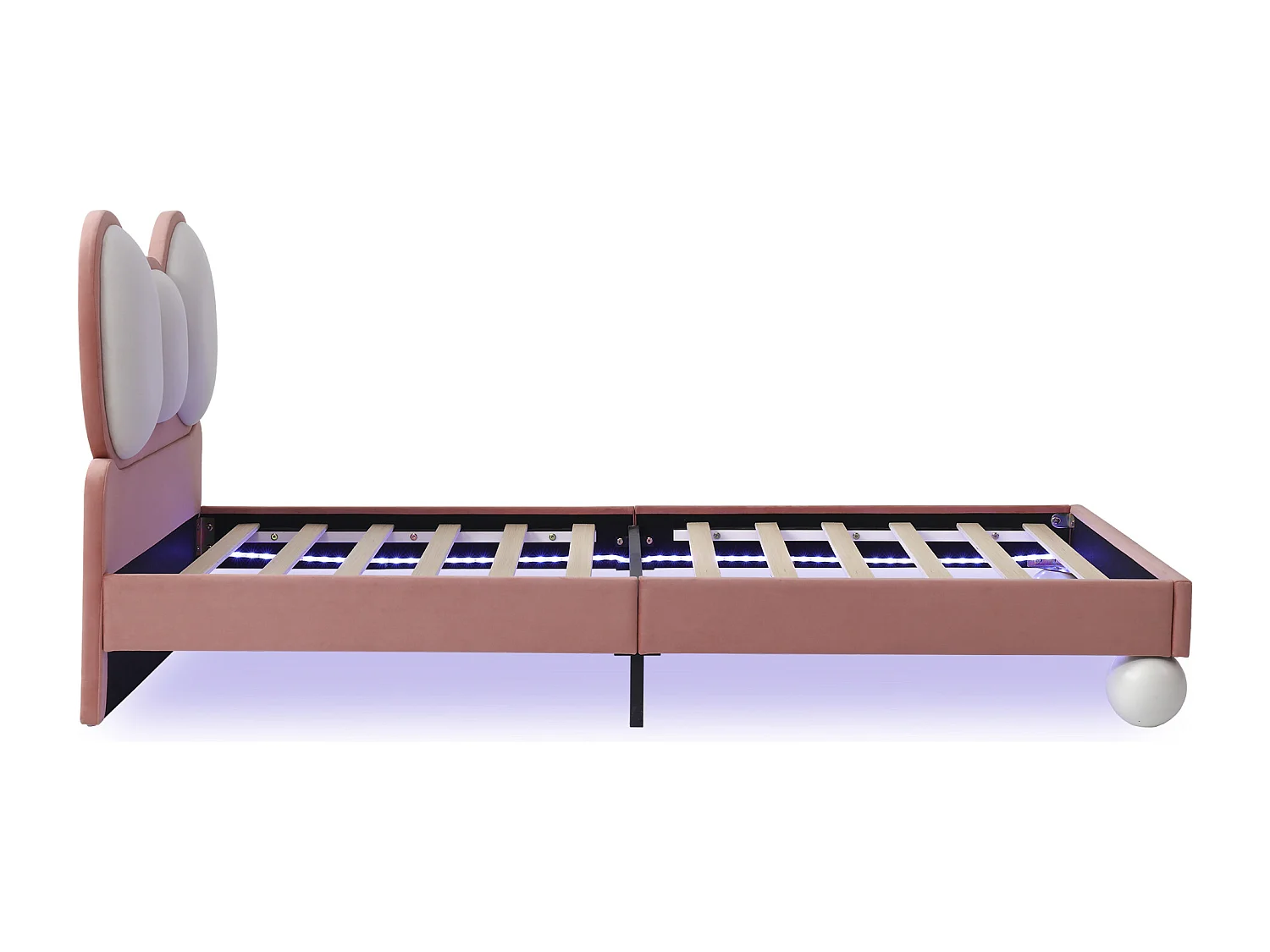 Lit enfant 90x200 cm, velours rose, lit simple avec tête de lit capitonnée et lumière LED - sans matelas