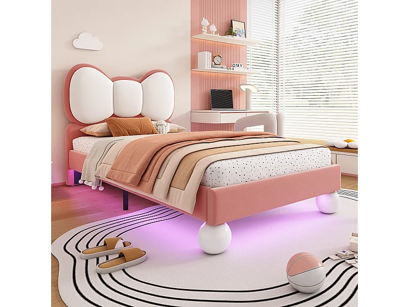 Lit enfant 90x200 cm, velours rose, lit simple avec tête de lit capitonnée et lumière LED - sans matelas