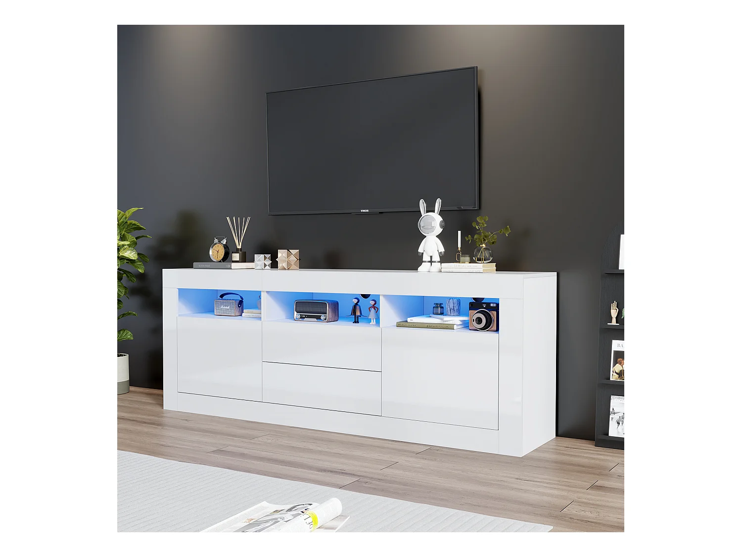 Meuble TV LED avec 3 compartiments ouverts, 2 portes et 2 tiroirs, blanc - pour salon et bureaux