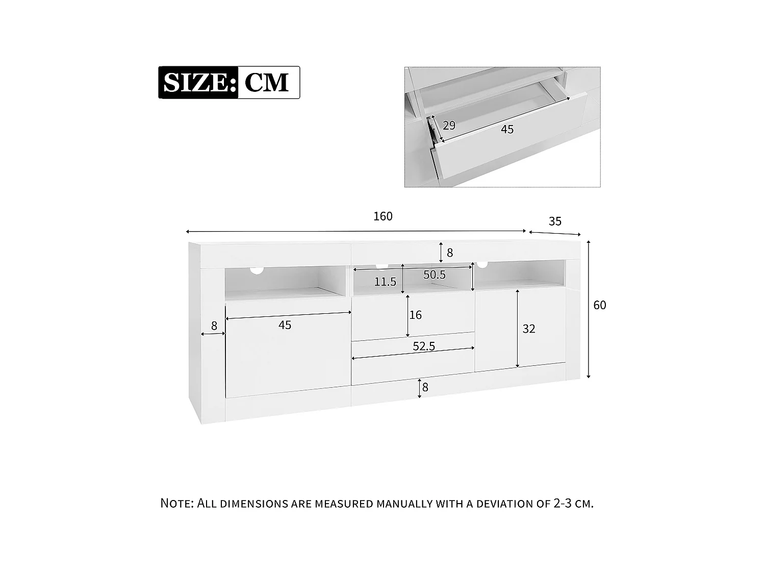 Meuble TV LED avec 3 compartiments ouverts, 2 portes et 2 tiroirs, blanc - pour salon et bureaux