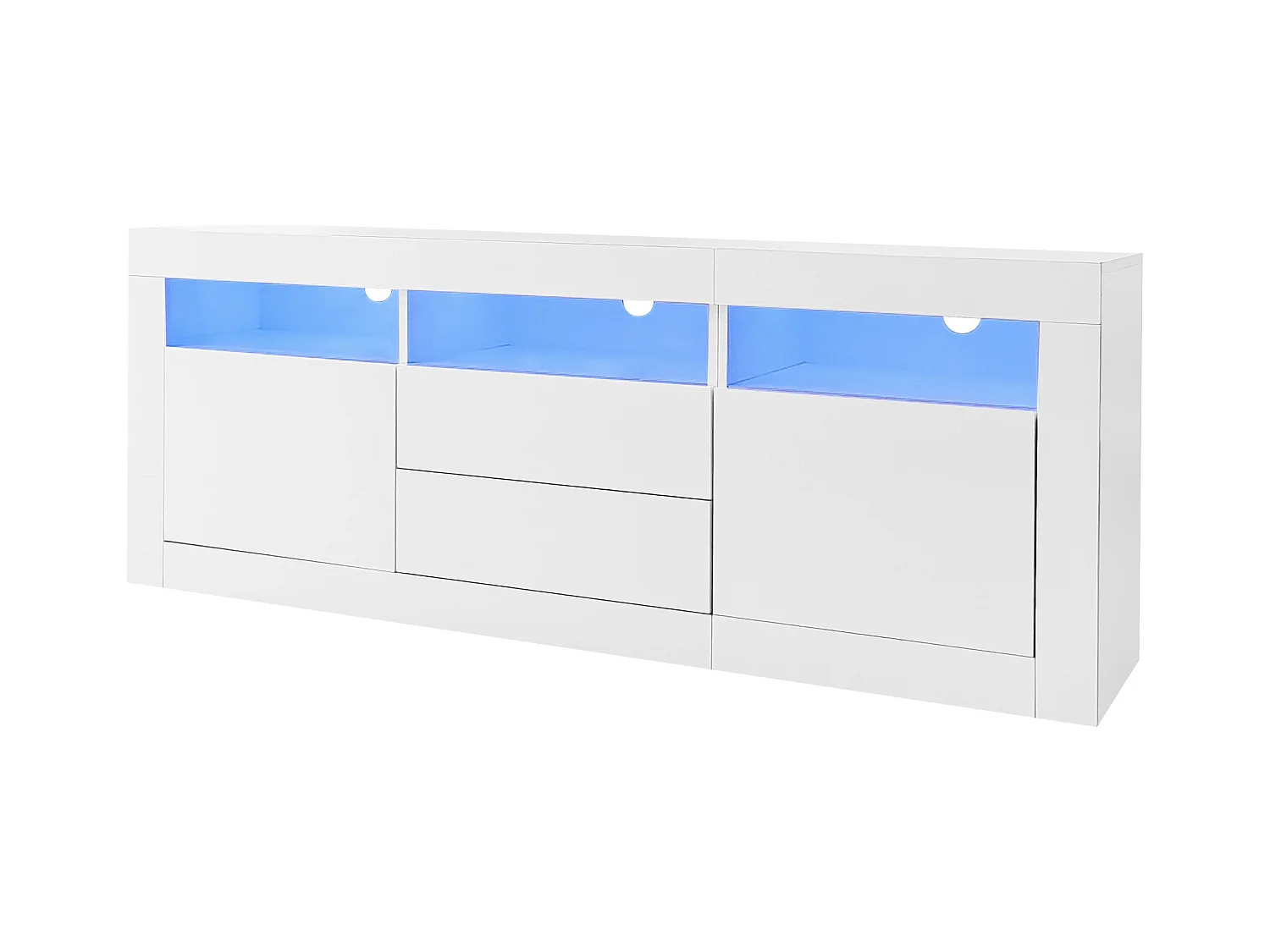 Meuble TV LED avec 3 compartiments ouverts, 2 portes et 2 tiroirs, blanc - pour salon et bureaux