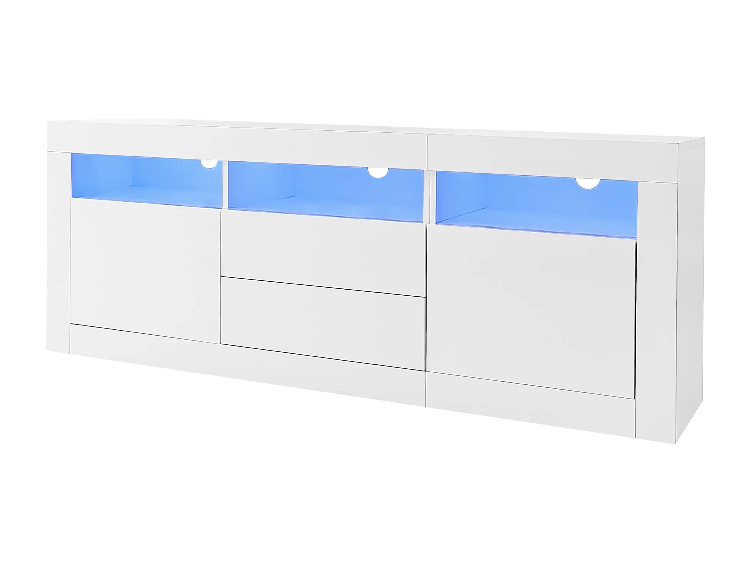 Meuble TV LED avec 3 compartiments ouverts, 2 portes et 2 tiroirs, blanc - pour salon et bureaux