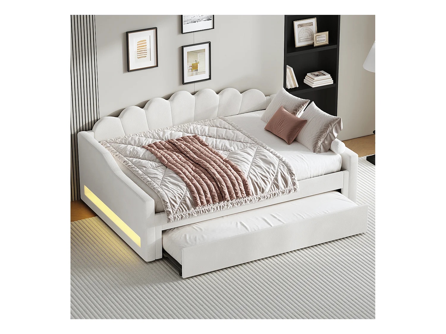 Slaapbank 140x200 cm, beige linnen, met uitschuifbaar bed en ledverlichting - zonder matras