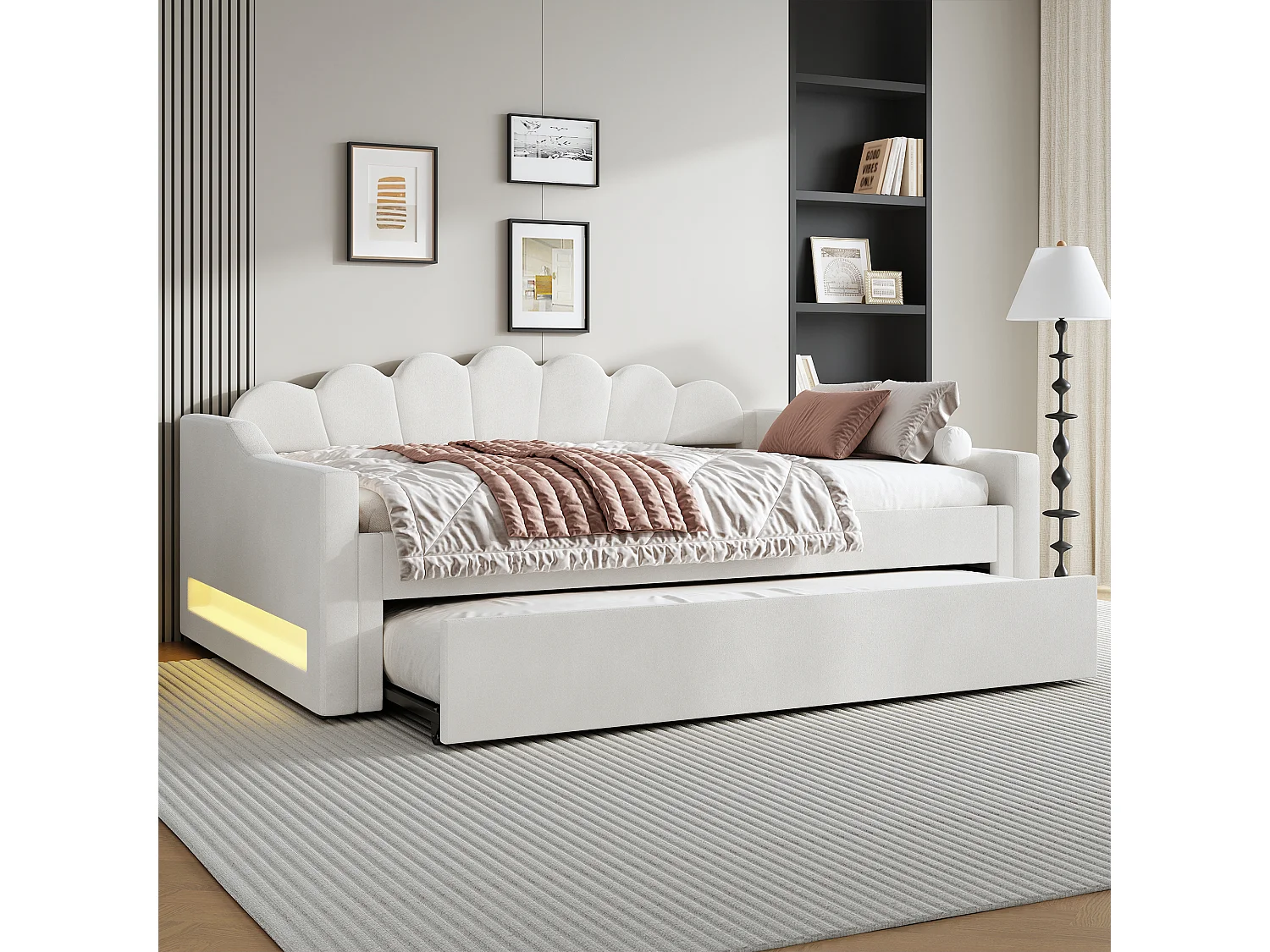 Sofa rozkładana 140x200 cm, beżowy len, z wysuwanym łóżkiem i oświetleniem LED – bez materaca