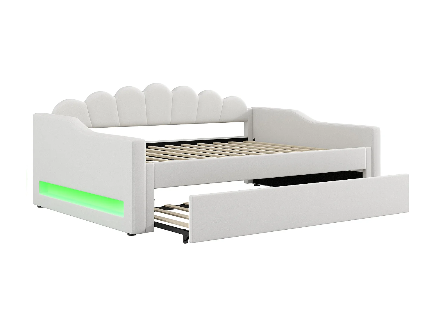 Sofa rozkładana 140x200 cm, beżowy len, z wysuwanym łóżkiem i oświetleniem LED – bez materaca