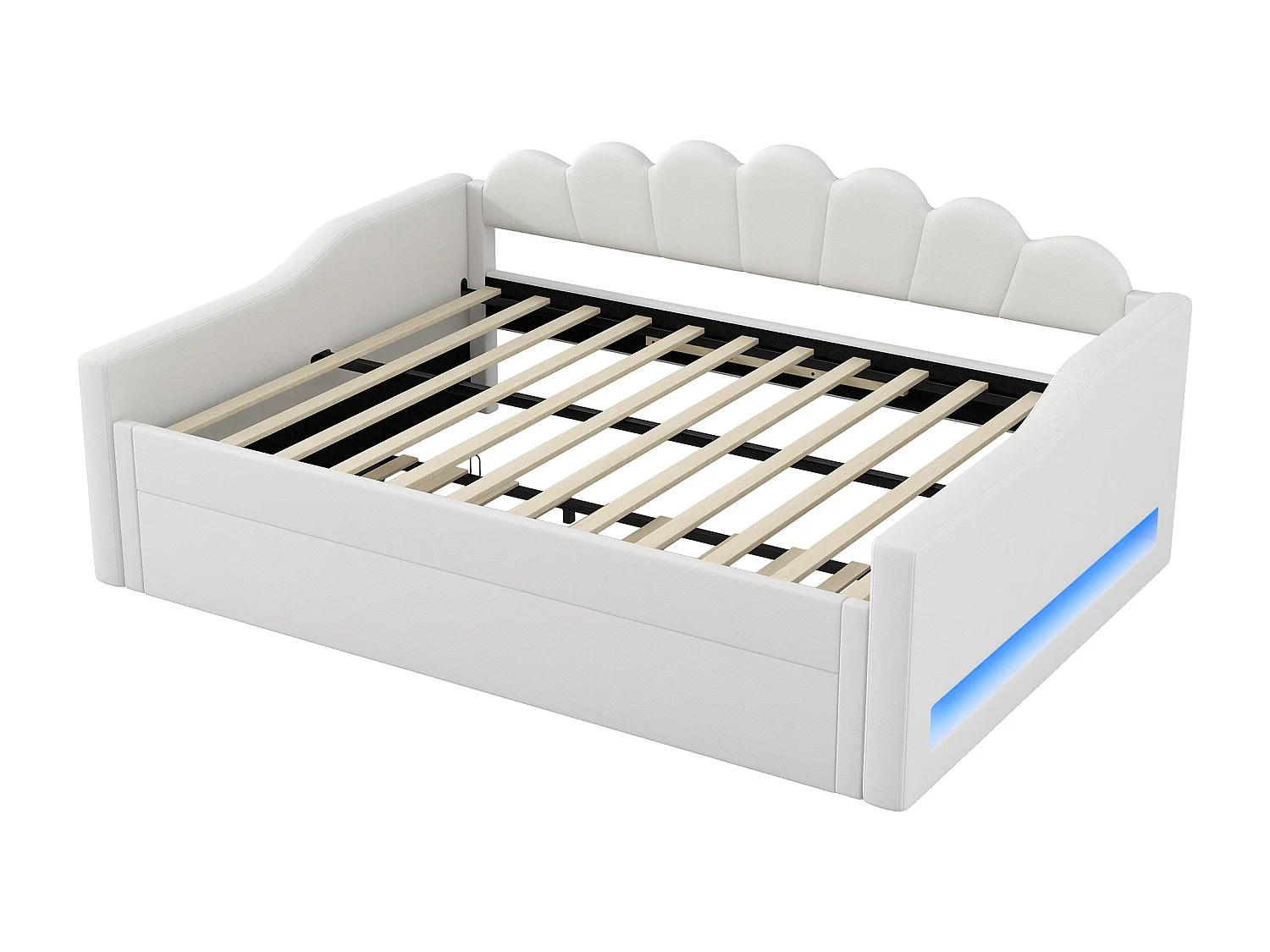 Sofa rozkładana 140x200 cm, beżowy len, z wysuwanym łóżkiem i oświetleniem LED – bez materaca