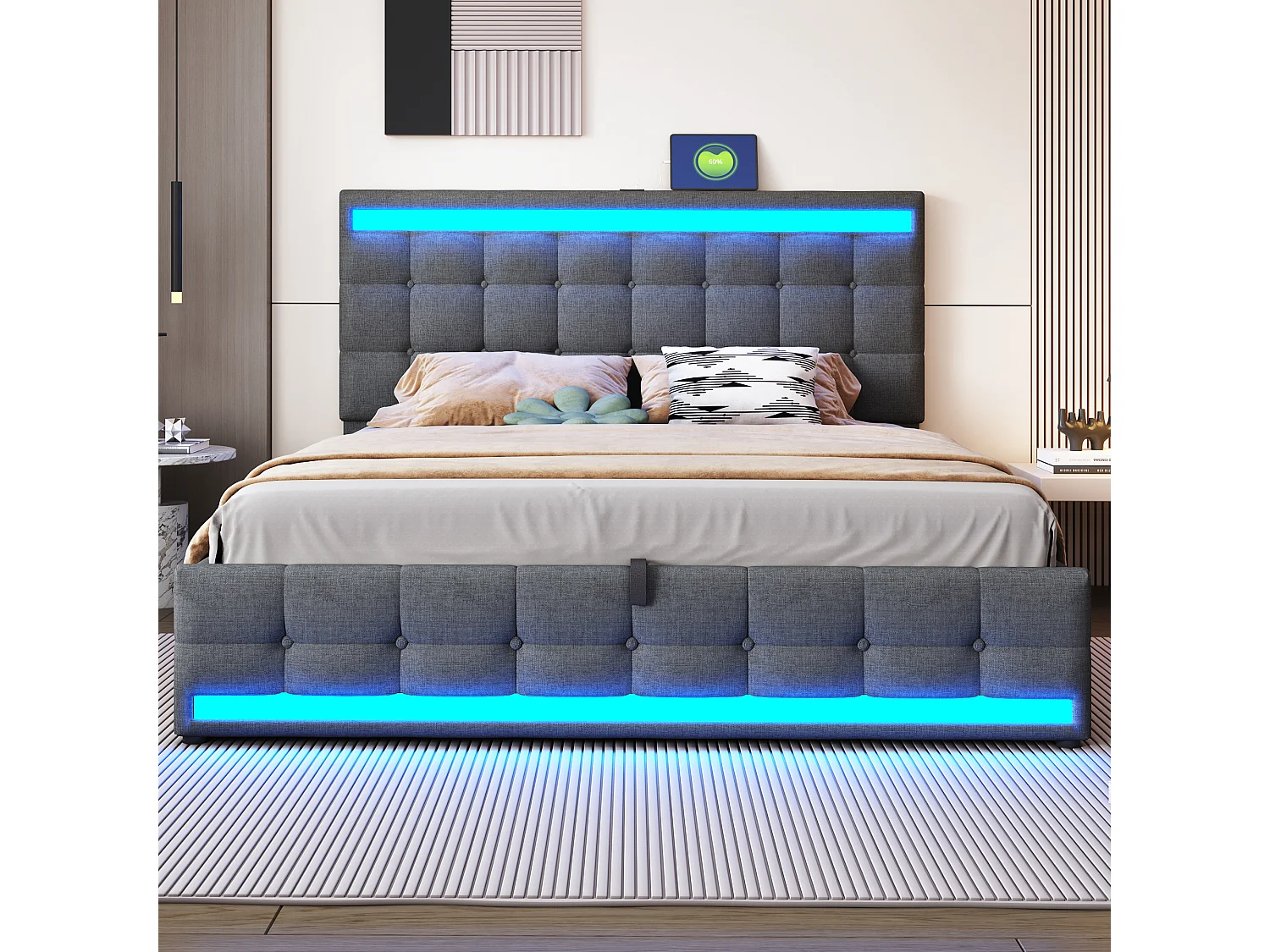 Opbergbed, 180x200cm, grijs linnen, tweepersoonsbed, ledverlichting en USB-aansluitingen - matras niet inbegrepen