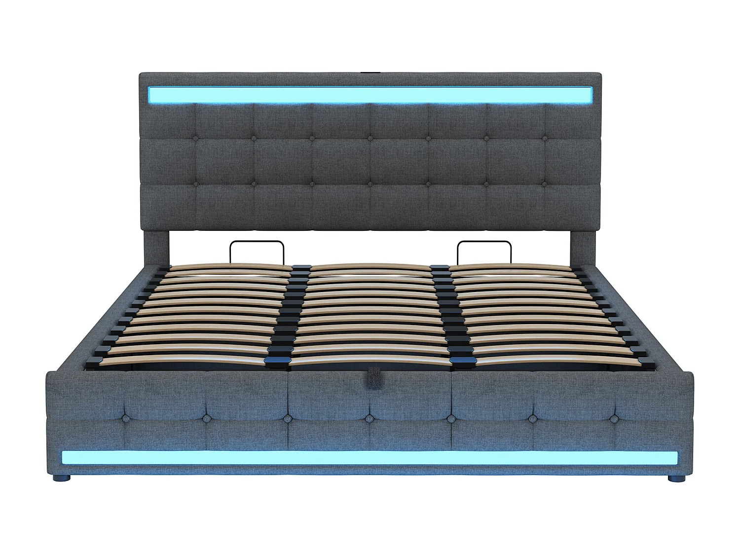 Opbergbed, 180x200cm, grijs linnen, tweepersoonsbed, ledverlichting en USB-aansluitingen - matras niet inbegrepen
