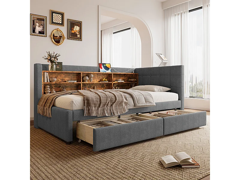 Sofá cama de 90 x 200 cm, color gris lino, con compartimentos de almacenaje y 2 cajones, puerto USB (sin colchón)