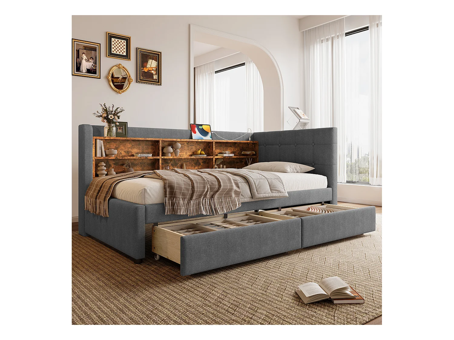 Lit banquette 90x200 cm, lin gris, avec compartiments de rangement et 2 tiroirs, port USB - sans matelas