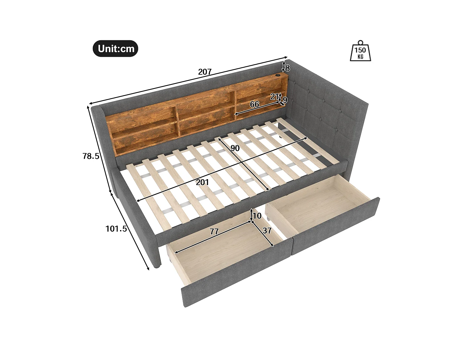 Lit banquette 90x200 cm, lin gris, avec compartiments de rangement et 2 tiroirs, port USB - sans matelas