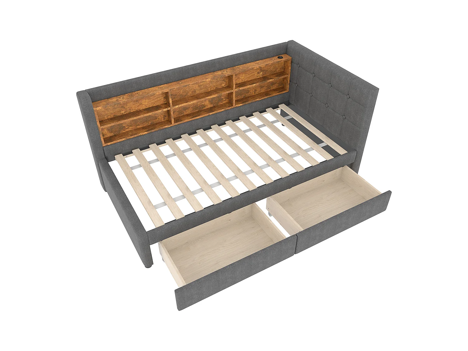 Lit banquette 90x200 cm, lin gris, avec compartiments de rangement et 2 tiroirs, port USB - sans matelas