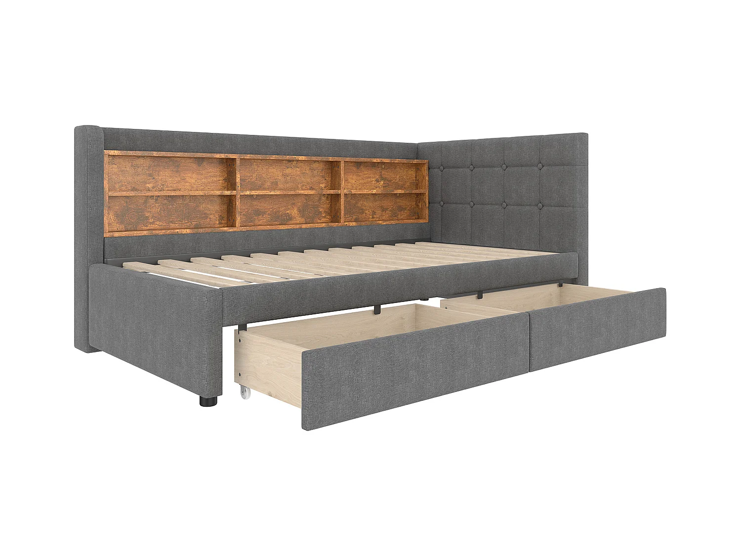 Lit banquette 90x200 cm, lin gris, avec compartiments de rangement et 2 tiroirs, port USB - sans matelas