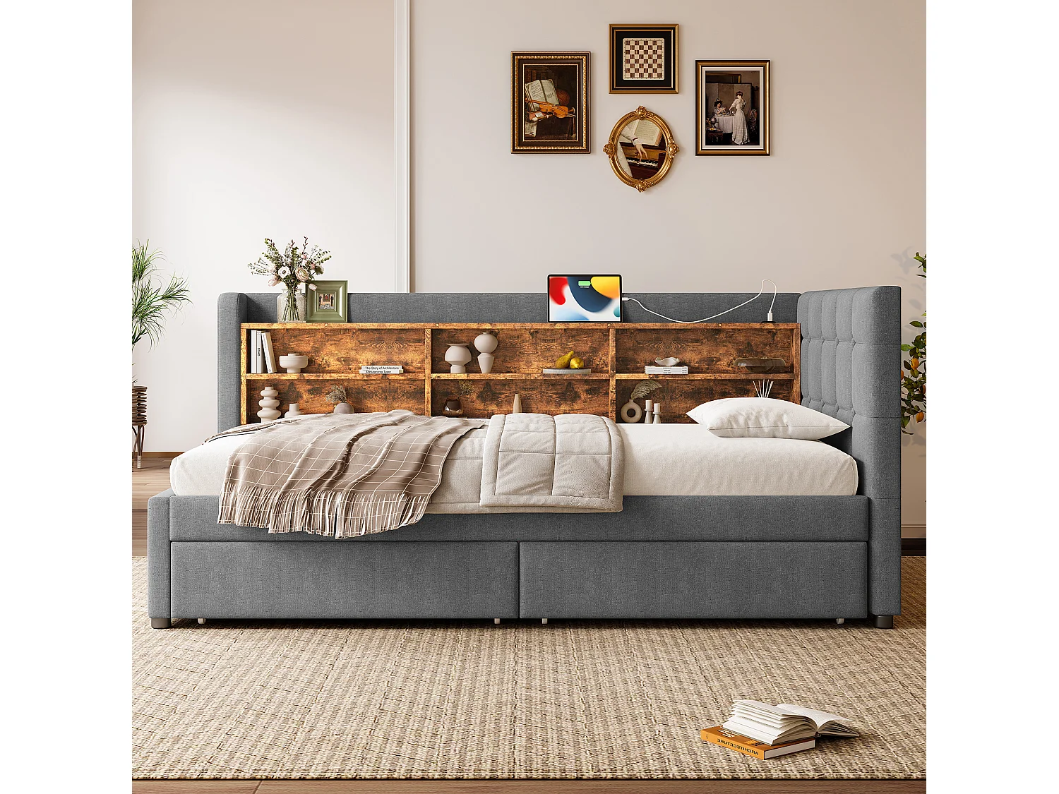 Slaapbank 90x200 cm, linnengrijs, met opbergvakken en 2 lades, USB-aansluiting - zonder matras