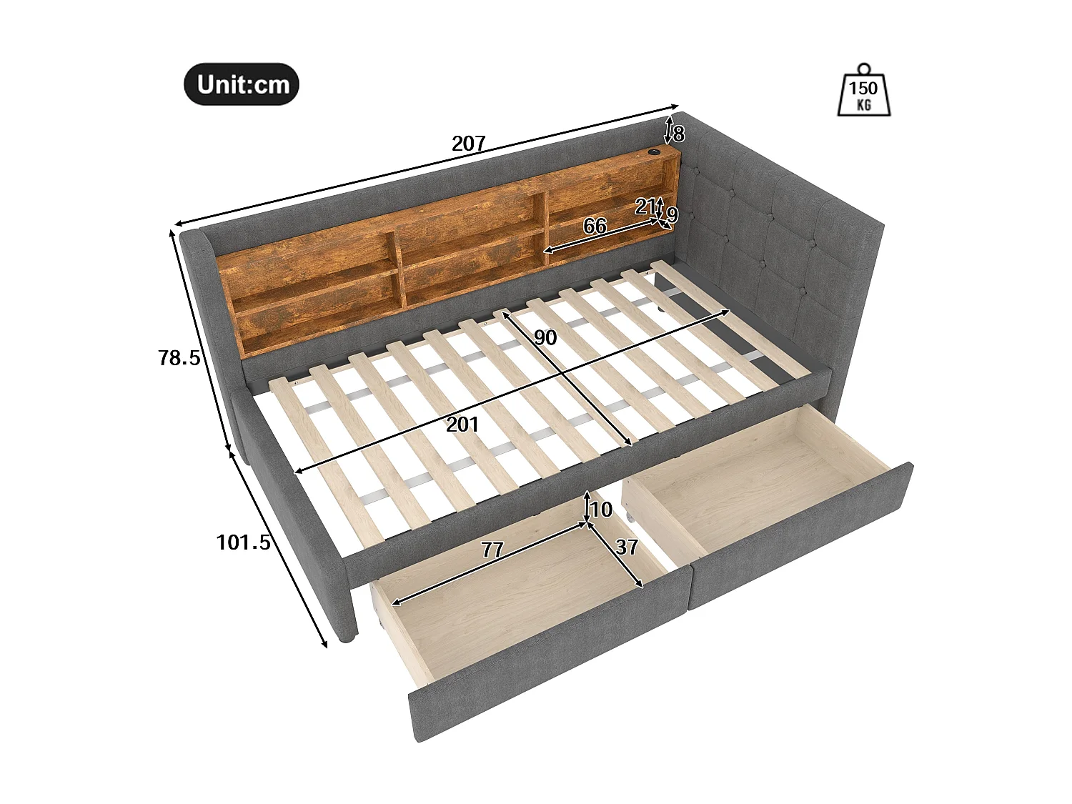 Slaapbank 90x200 cm, linnengrijs, met opbergvakken en 2 lades, USB-aansluiting - zonder matras
