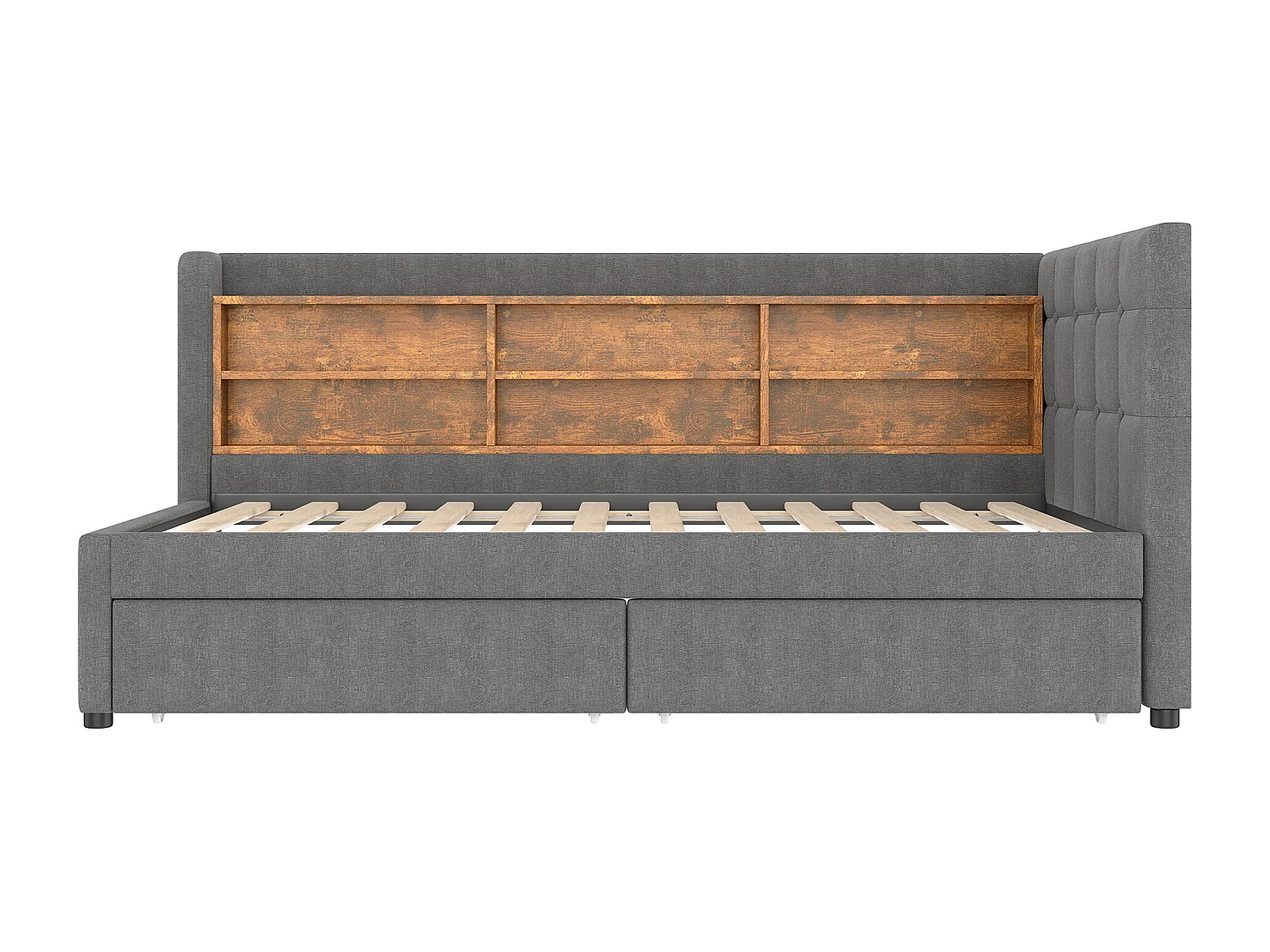 Slaapbank 90x200 cm, linnengrijs, met opbergvakken en 2 lades, USB-aansluiting - zonder matras