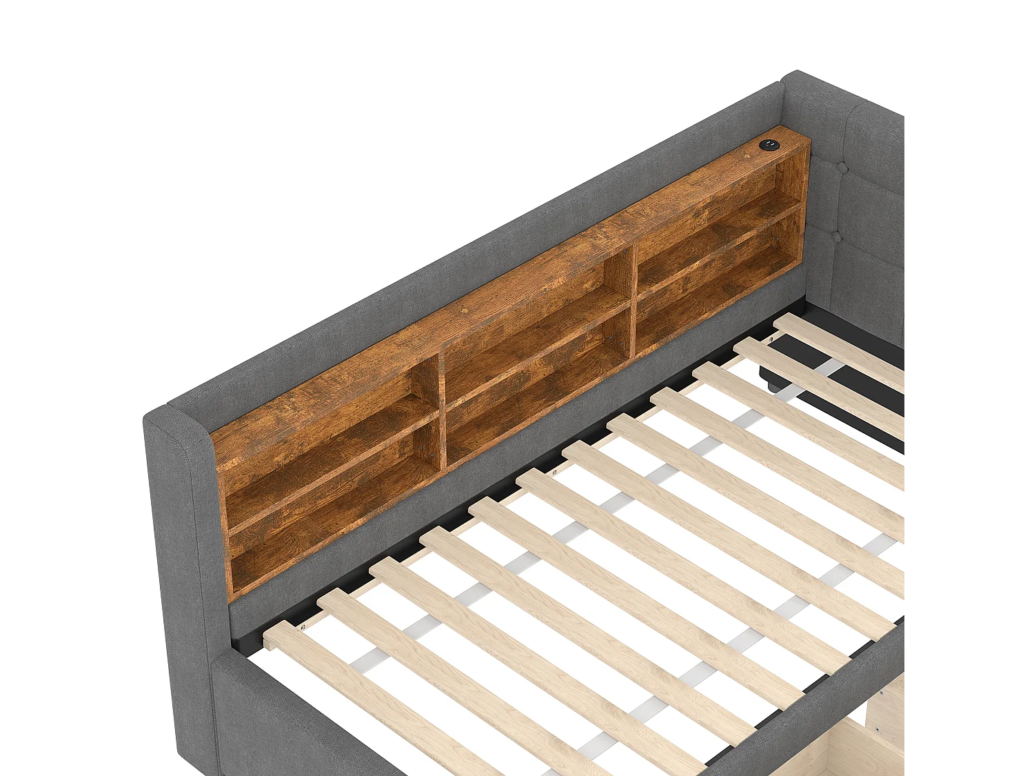 Slaapbank 90x200 cm, linnengrijs, met opbergvakken en 2 lades, USB-aansluiting - zonder matras