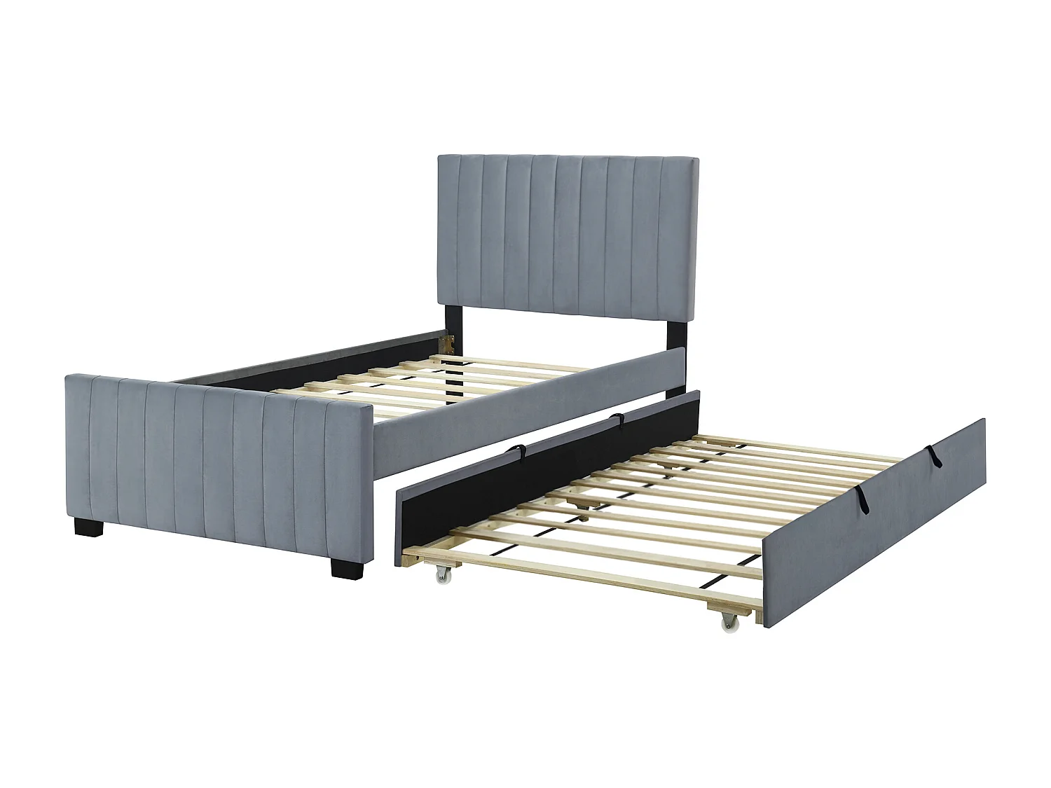 Kinderbed 90x190 cm in grijs fluweel met lattenbodem en onderschuifbed – Zonder matras