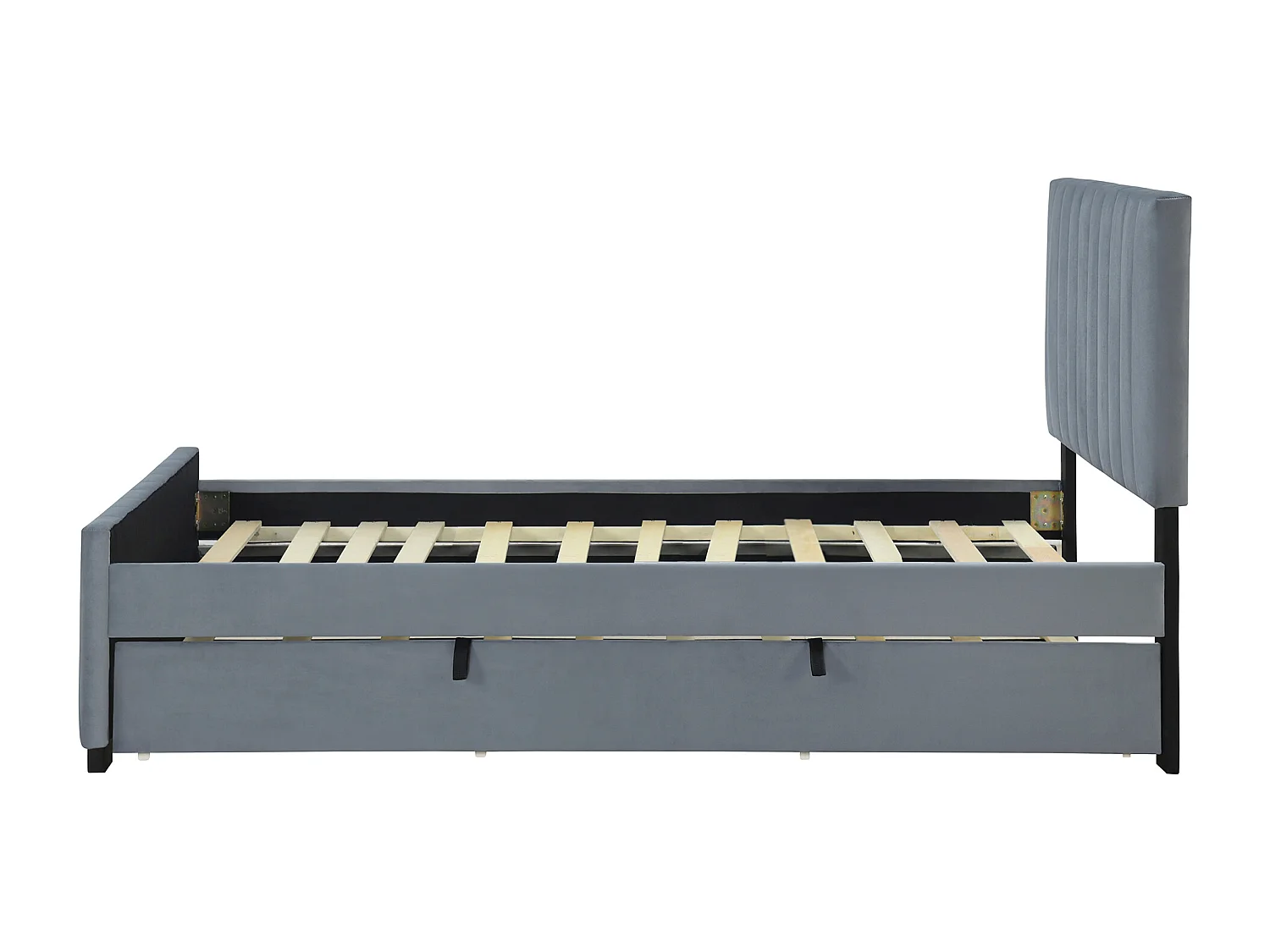 Kinderbed 90x190 cm in grijs fluweel met lattenbodem en onderschuifbed – Zonder matras