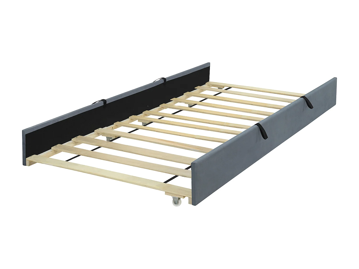 Kinderbed 90x190 cm in grijs fluweel met lattenbodem en onderschuifbed – Zonder matras