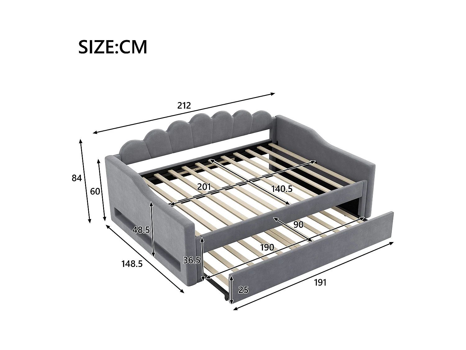 Schlafsofa 140 x 200 cm, graues Leinen, Ausziehbett mit LED-Beleuchtung – ohne Matratze