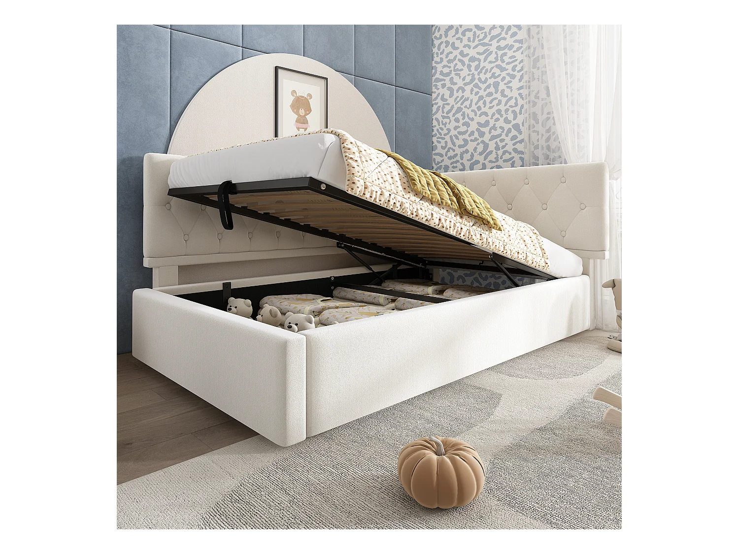 Lit banquette 90x190 cm avec rangement et sommier à lattes, velours beige - sans matelas
